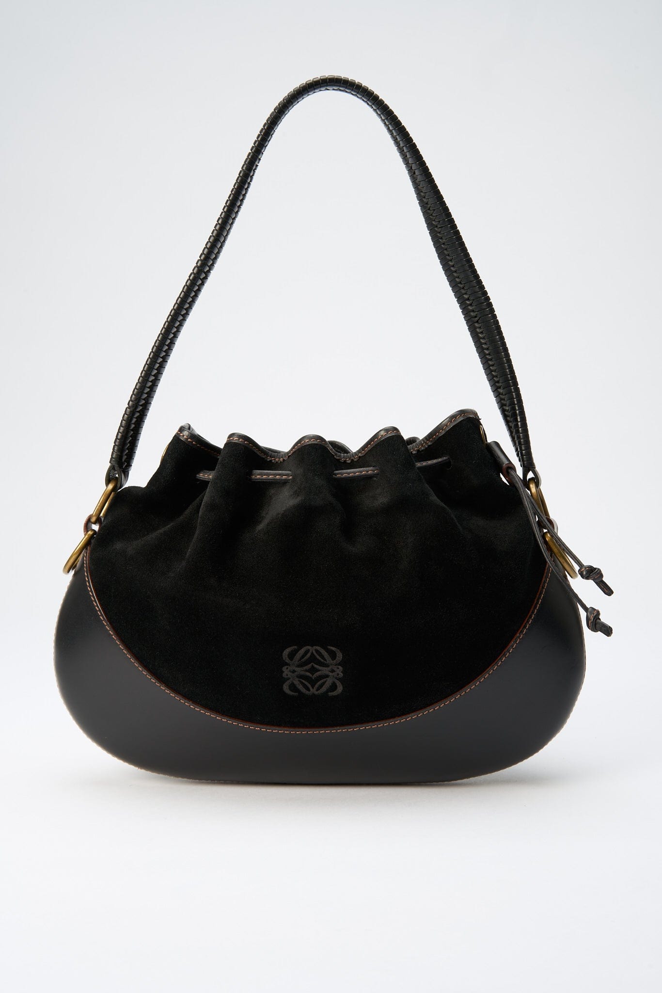 Vintage Loewe Leder und Wildleder -Kordelstring -Tasche schwarz