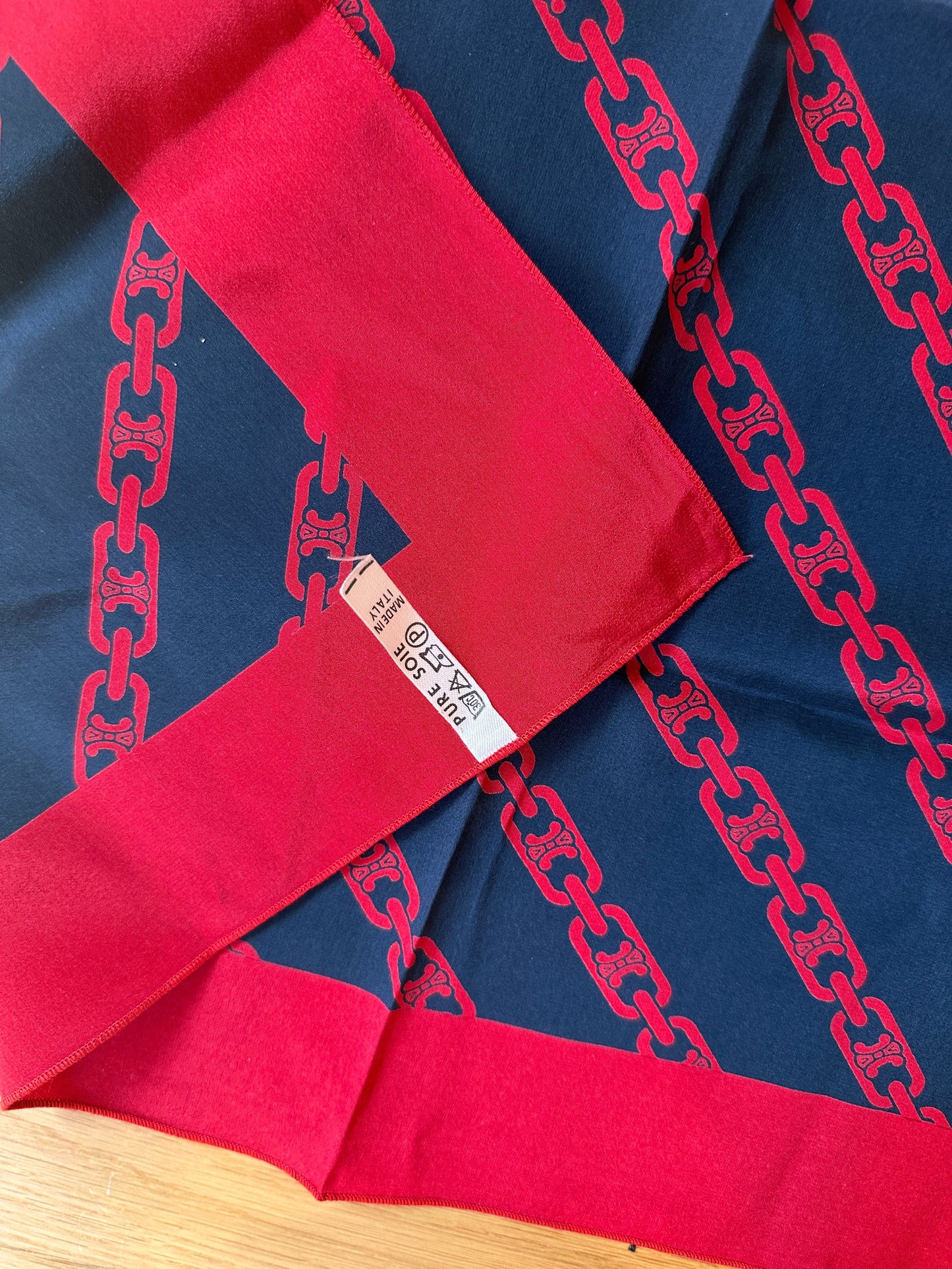 Vintage Celine Silk Scarf With Navy & Red Chain Print