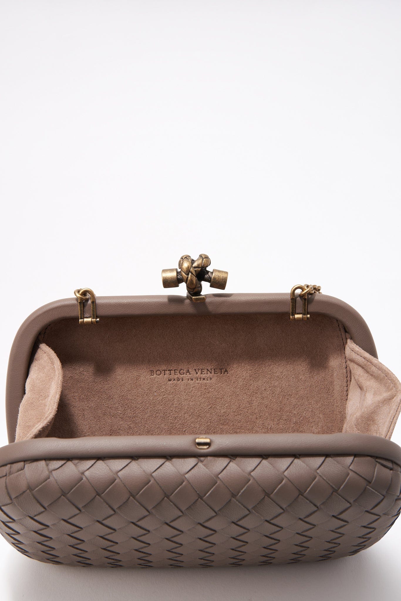 Bottega Veneta Intrecciato Leather Knot Clutch Bag With Chain