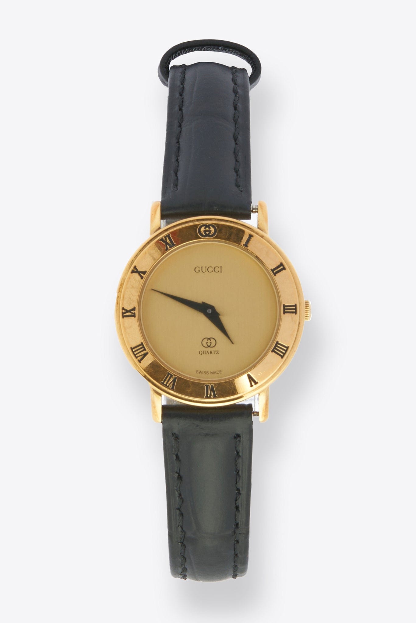 Vintage Gucci Round Gold Plated Watch with Black Croc Leather