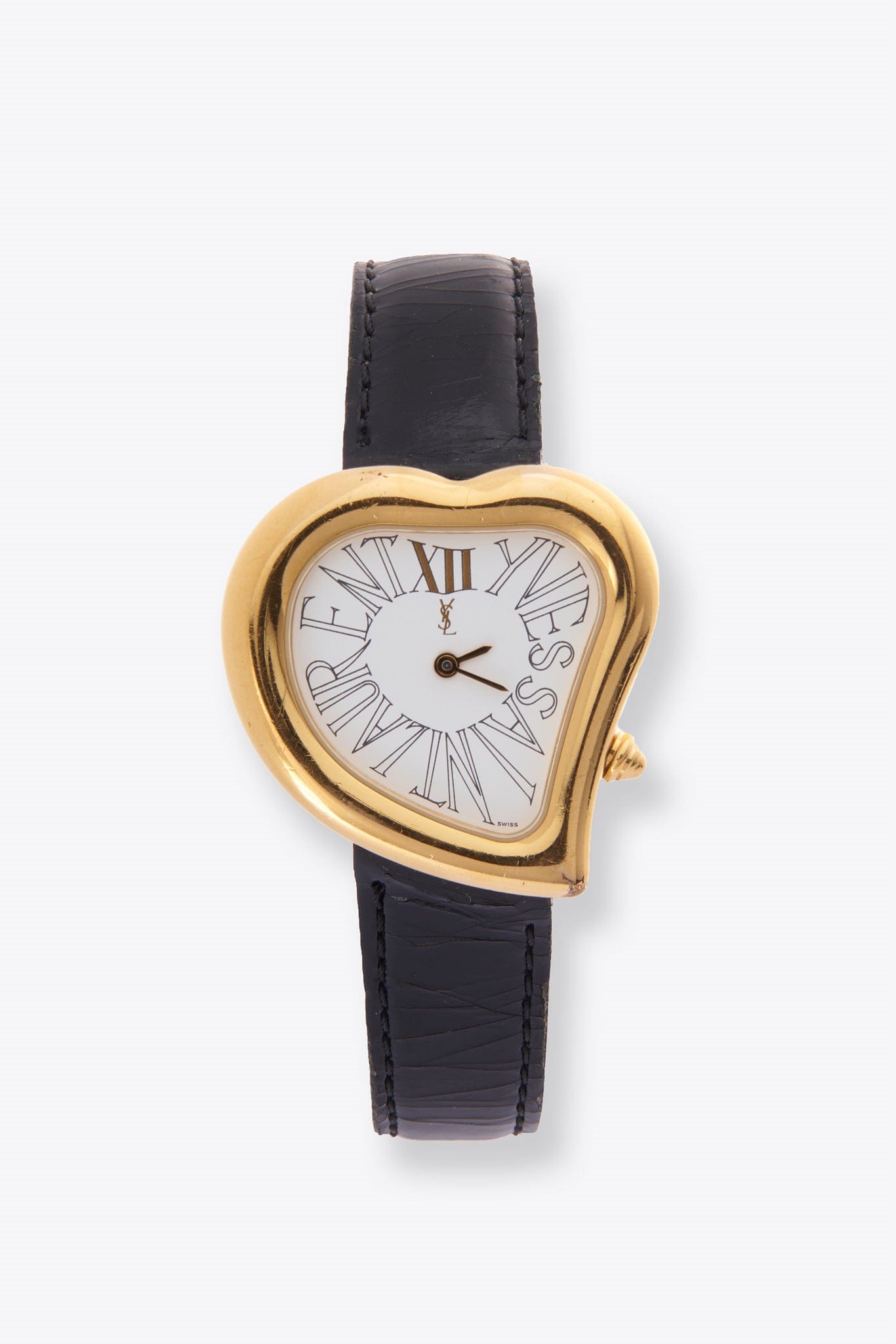 Reloj chapado de oro de corazón YSL vintage con correa de cuero