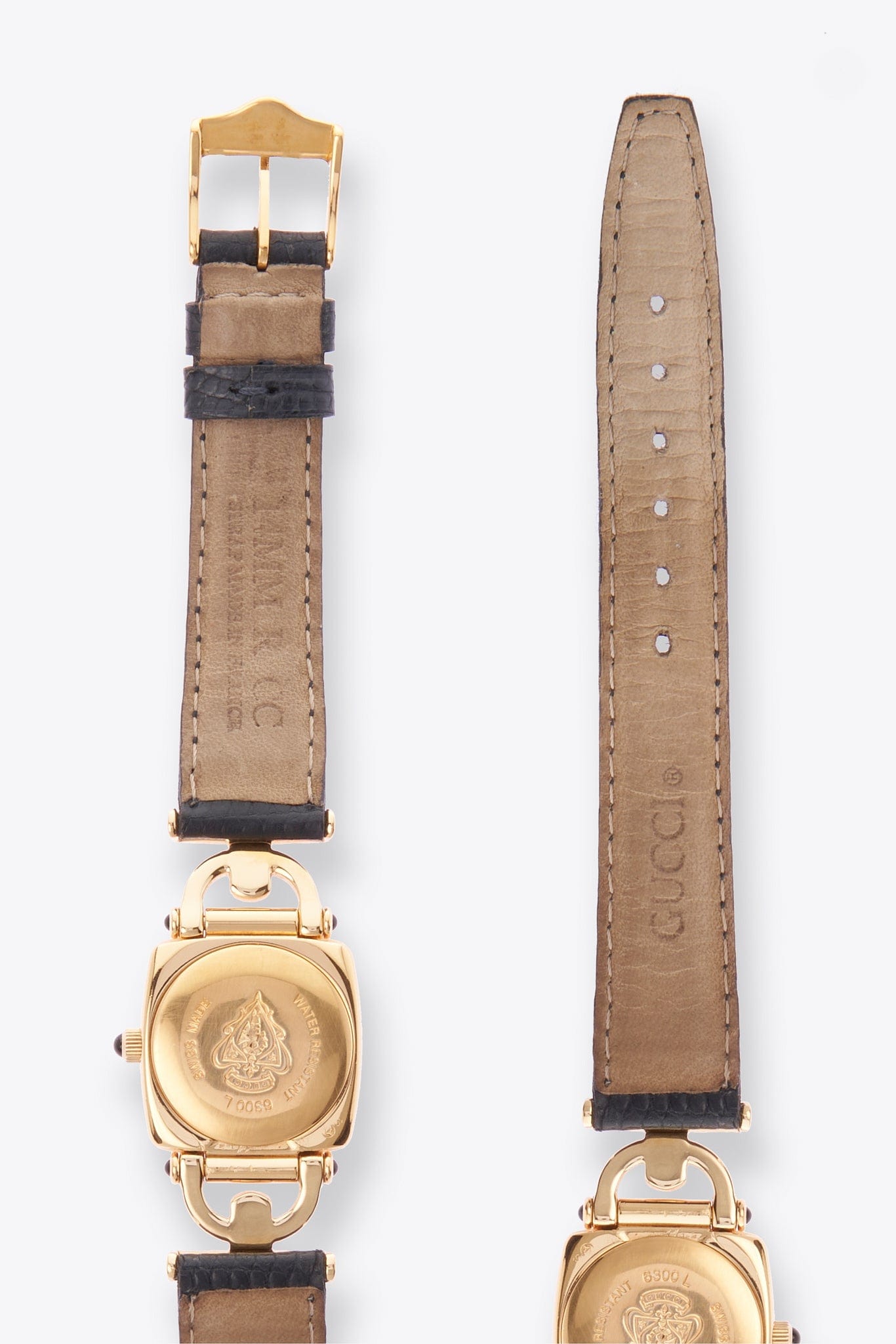 Vintage Gucci Round Gold Plated Watch with Black Lizard Leather Strap