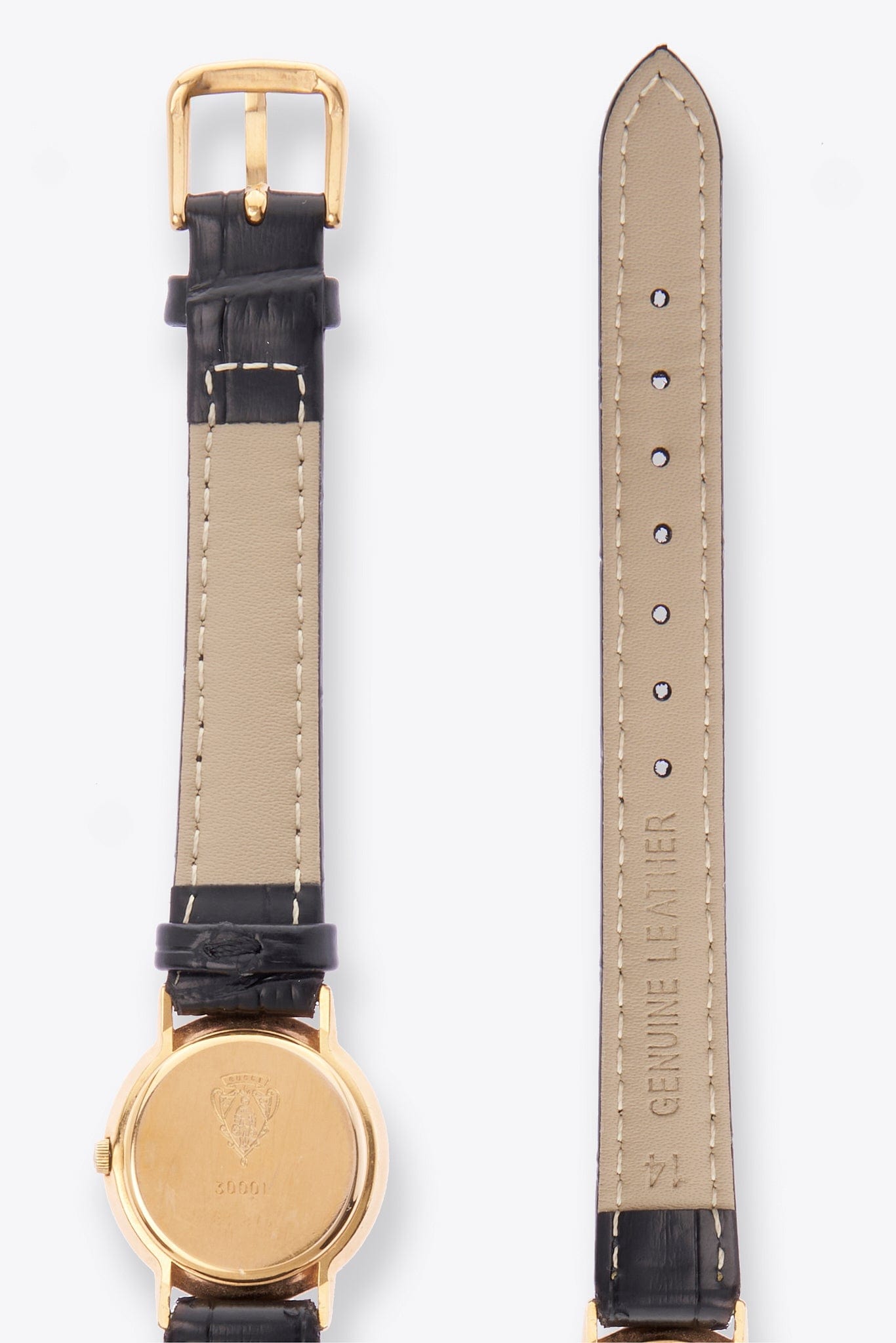 Vintage Gucci Round Gold Plated Watch with Black Croc Leather Strap