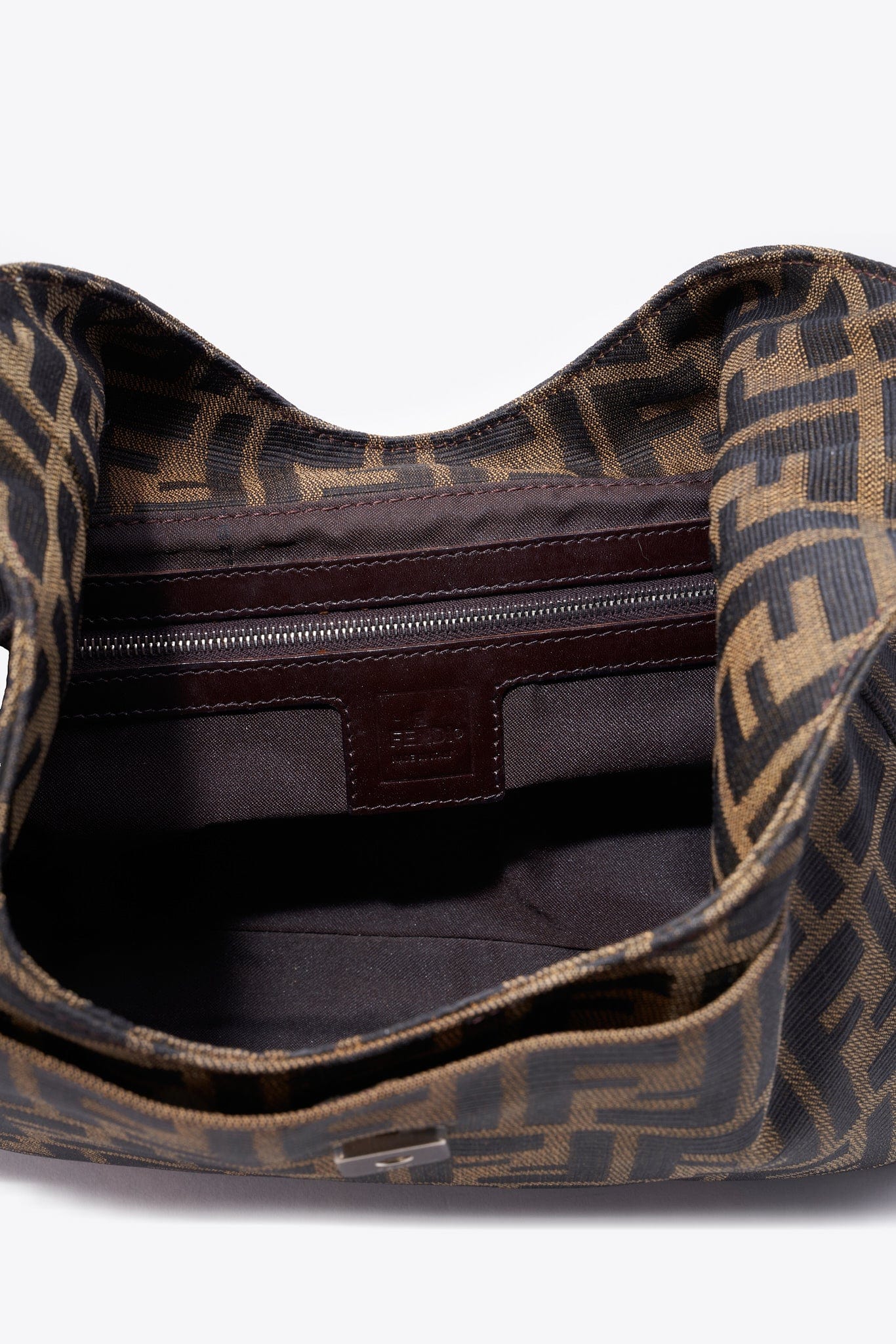 Vintage Fendi Zucca Shoulder Bag with Brown Leather Trim