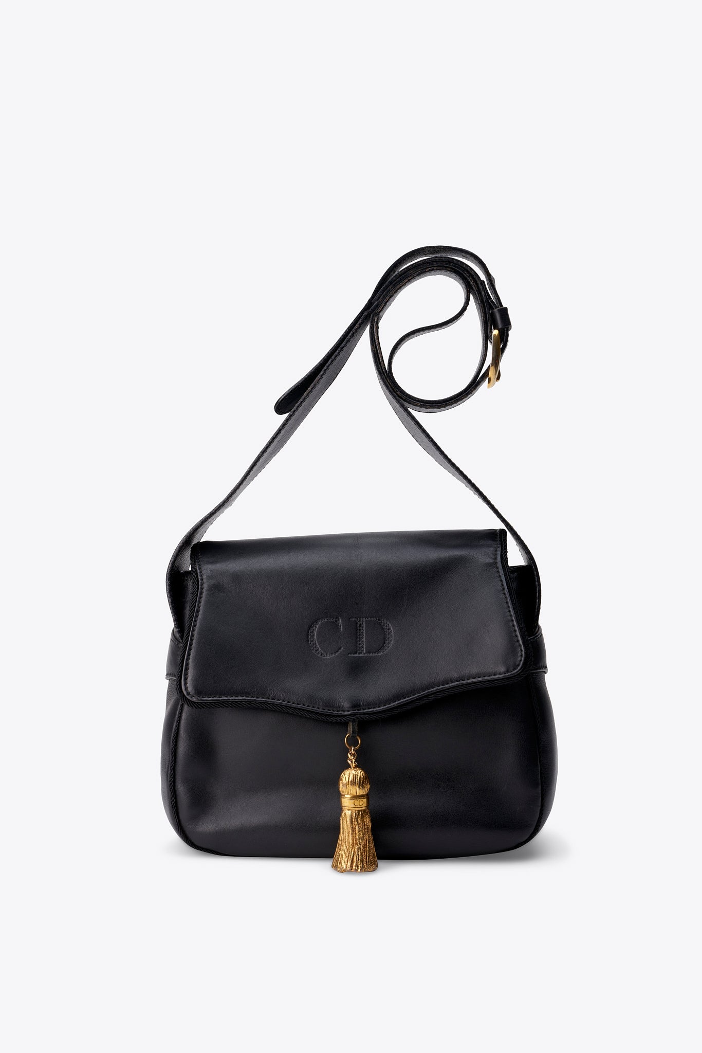 Vintage Christian Dior Gold Tassel Black Leather Shoulder Bag