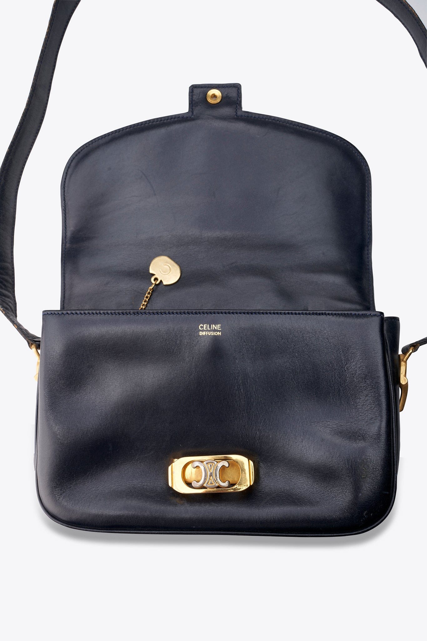 Celine Navy Leather Box Shoulder Bag with Gold Tone Hardware