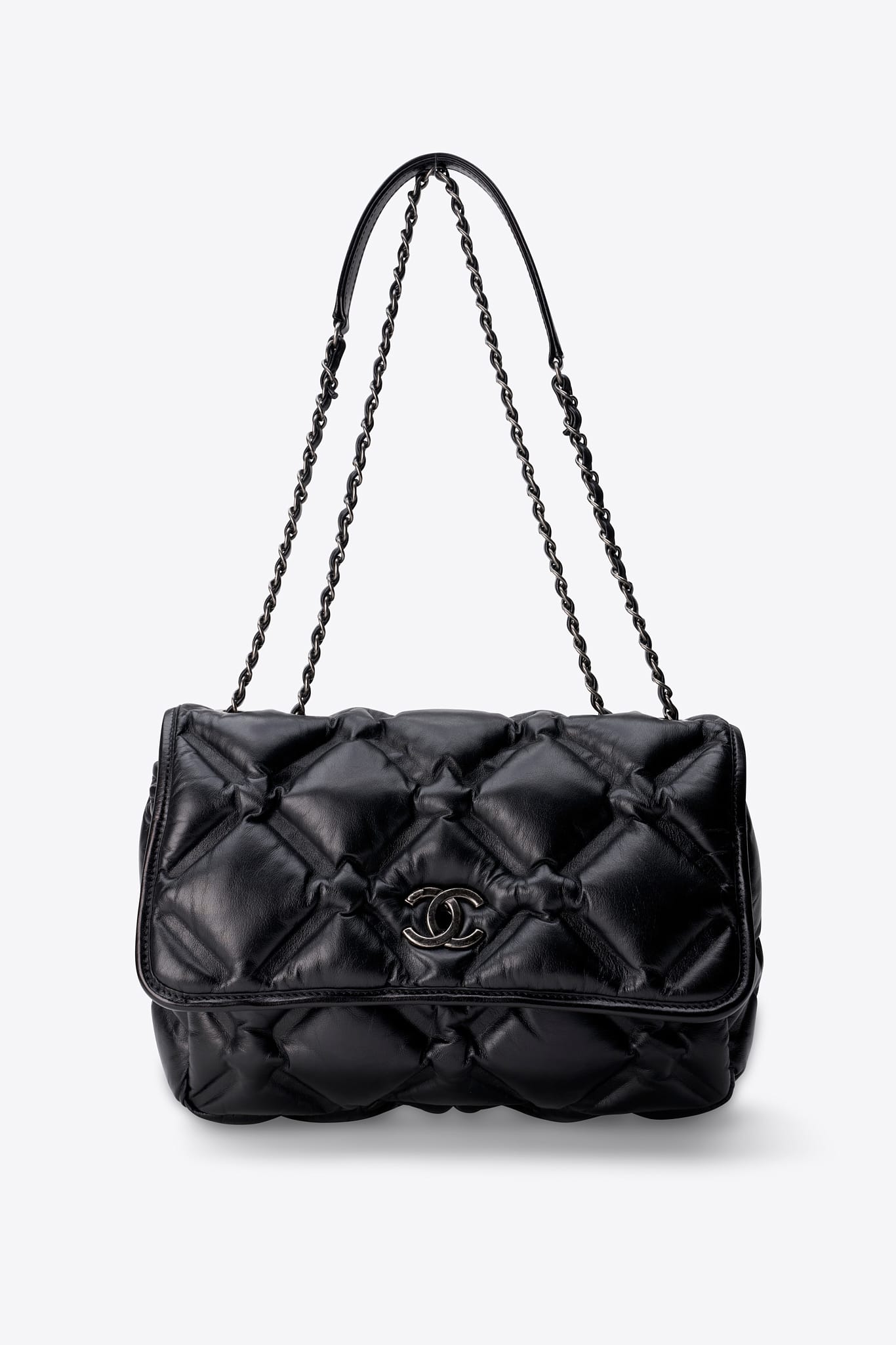 Rare Vintage Chanel Black Leather Puffy Quilted Single Flap