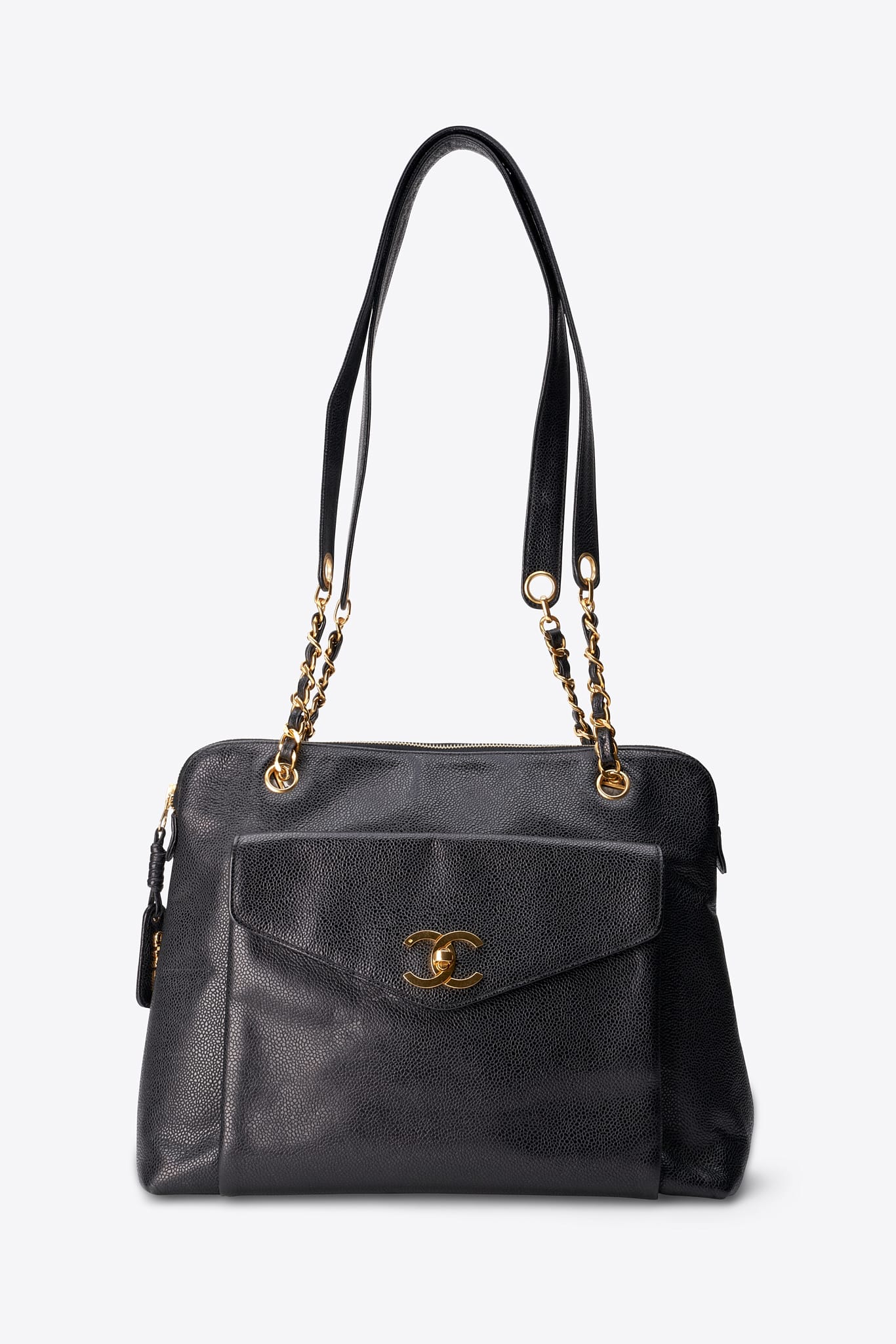 Vintage Chanel Black Caviar Leather CC Tote Bag with 24k Gold
