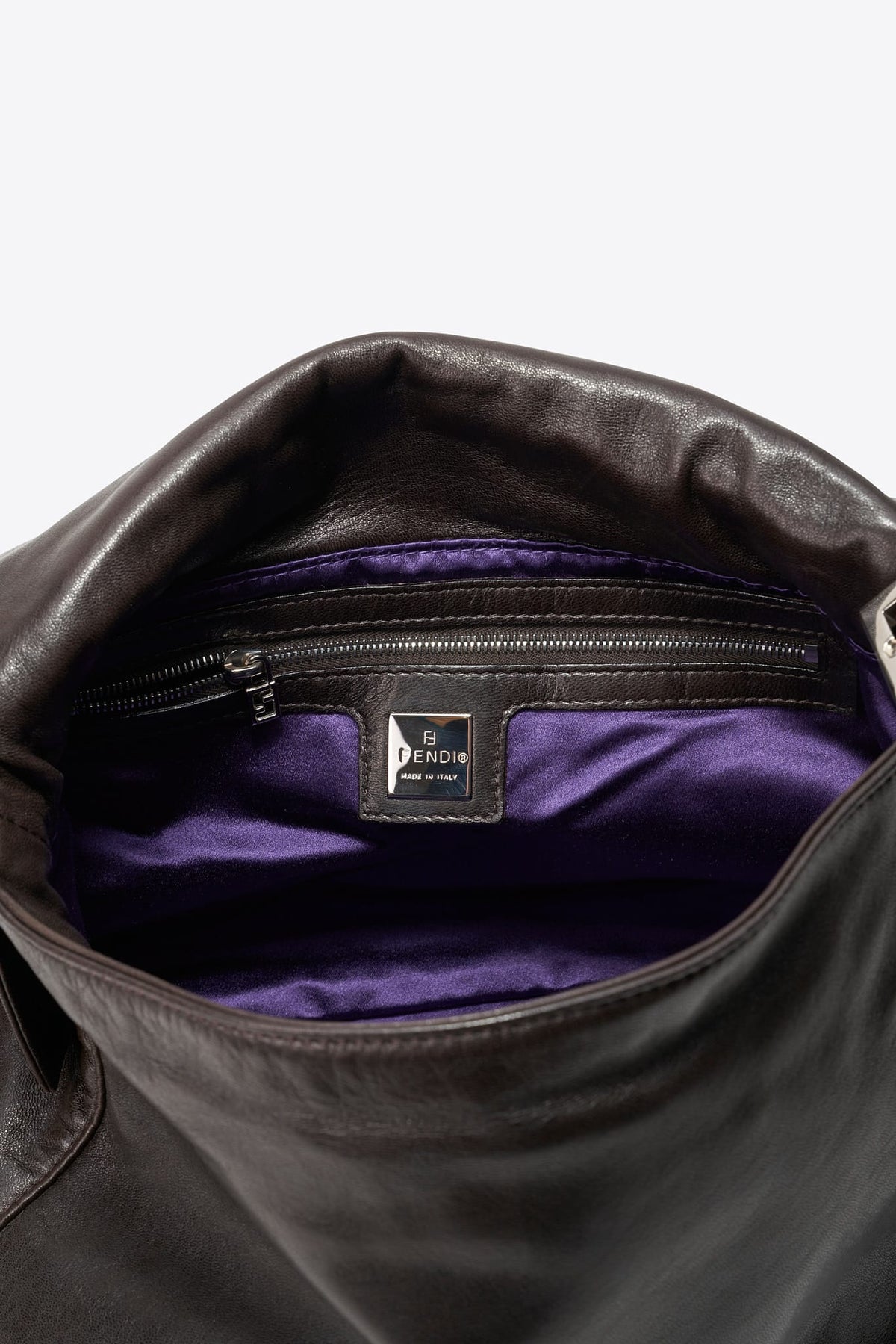 Vintage Fendi Brown Leather Mamma Baguette Bag with Purple FF Clasp