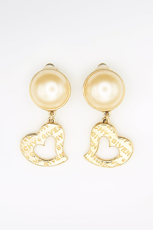Vintage Gold Givenchy Heart and Imitation Pearl Drop Earrings