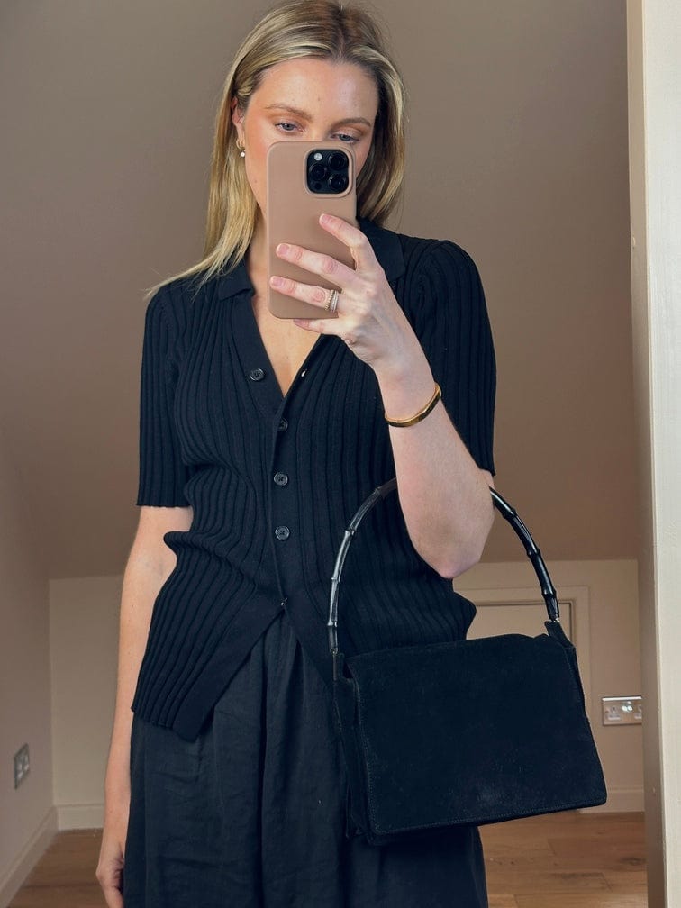 Gucci Black Suede Shoulder Bag with Bamboo handle