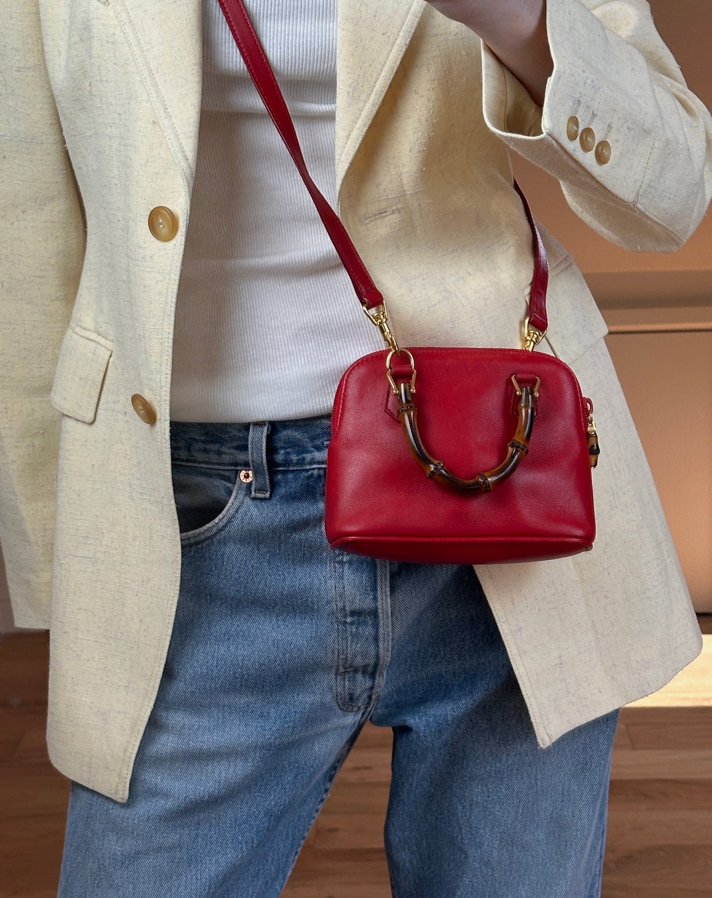Vintage Gucci Red Leather Crossbody With Bamboo Handles