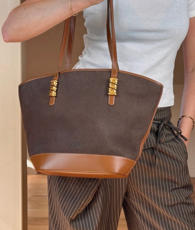 Vintage Loewe Chocolate and Tan Leather Trimmed Tote Bag
