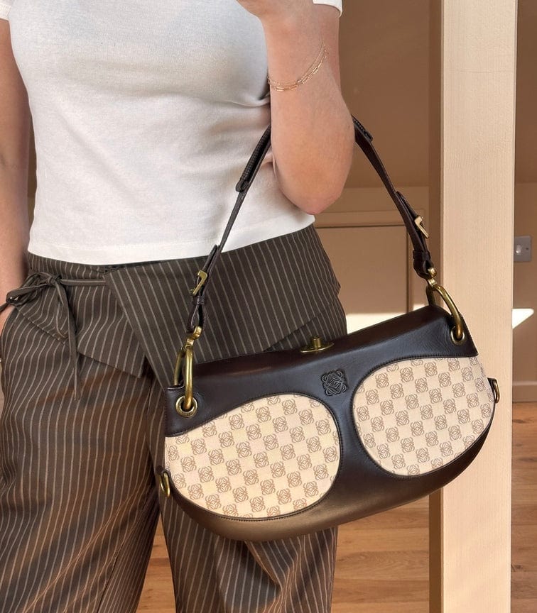 Vintage Loewe Brown Leather and Anangram Canvas Shoulder Bag