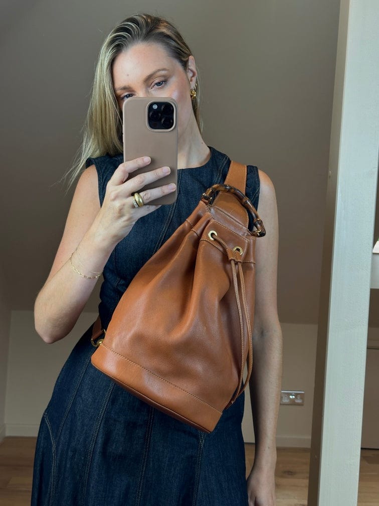 Vintage Gucci Tan Leather Backpack with Bamboo Handle
