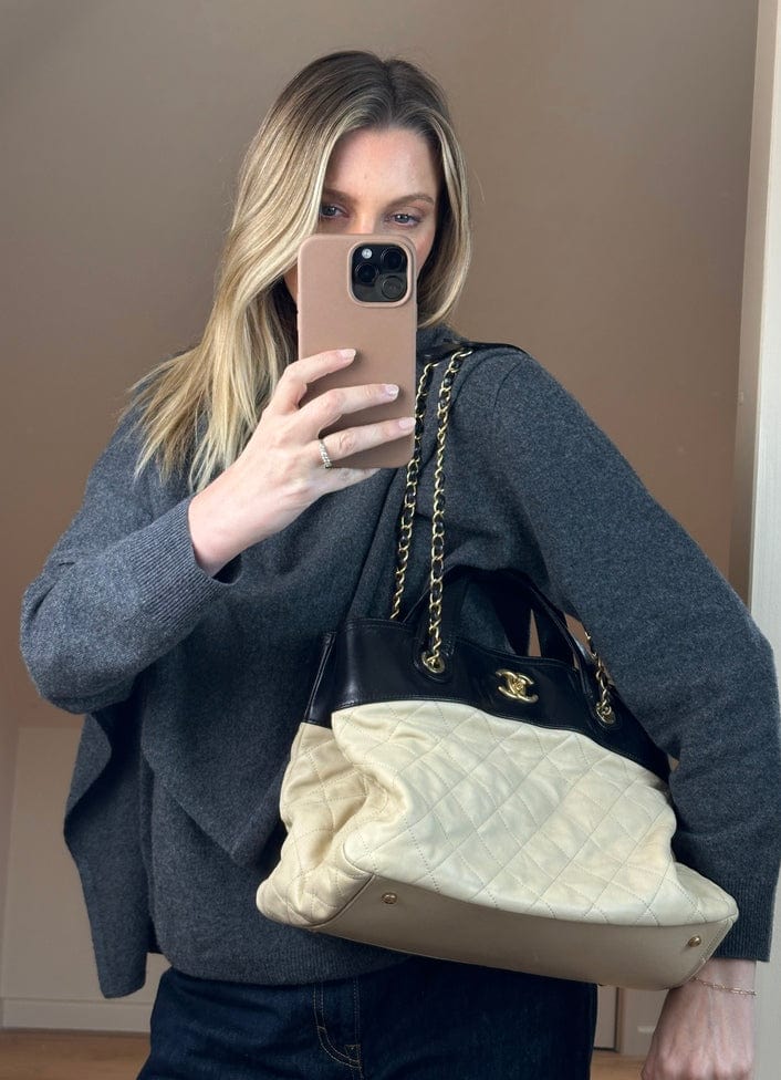 Chanel Black And Cream Leather Quilted Chain Tote Bag