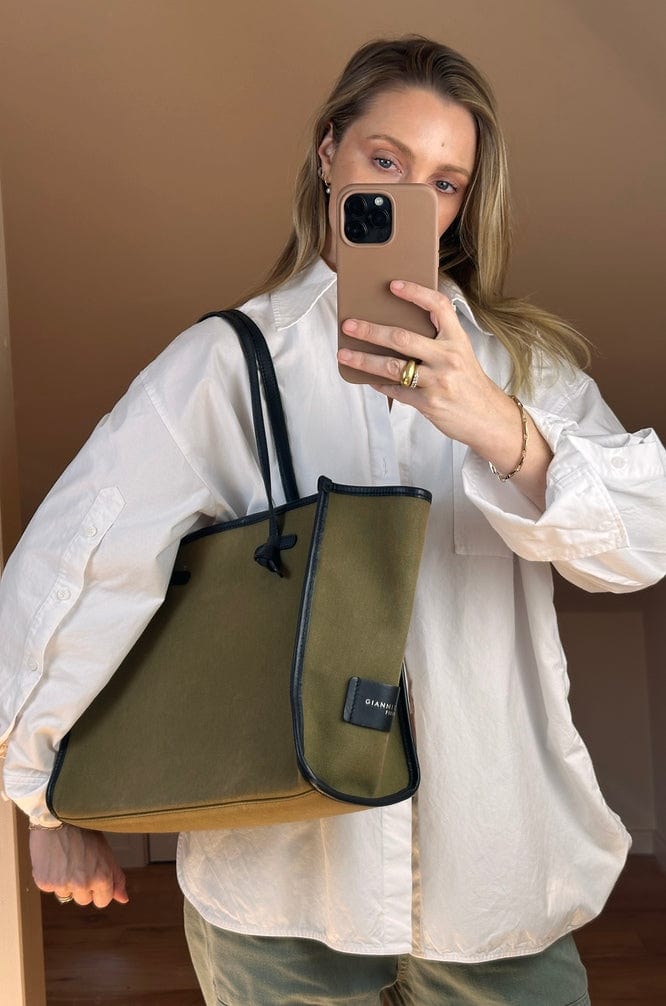 Vintage Gianni Chiarini Olive Canvas and Black Leather Tote with Pouch