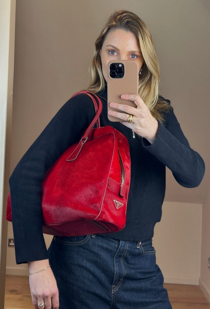 Vintage Prada Red Calf Hair Shoulder Bag