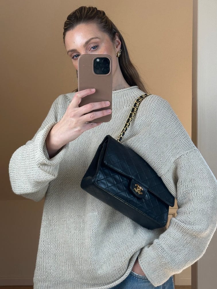 Vintage Chanel Classic Medium Double Flap Black Lambskin Leather Bag with 24k gold plated hardware