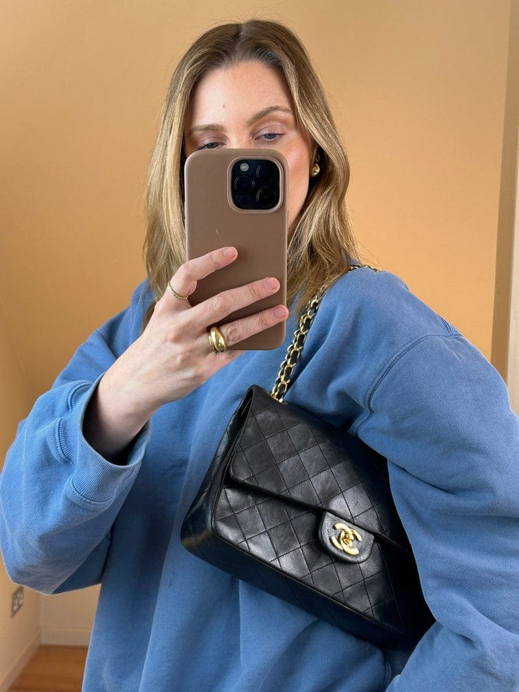 Vintage Chanel Classic Medium Double Flap Black Lambskin Leather Bag with 24k gold plated hardware