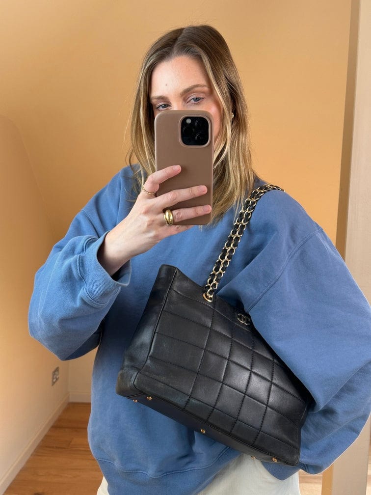 Chanel Black Leather Chocolate Tote Bag With Chain Handles