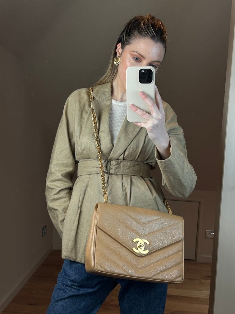 Chanel Jumbo Classic Flap Bag in Caviar Beige Leather