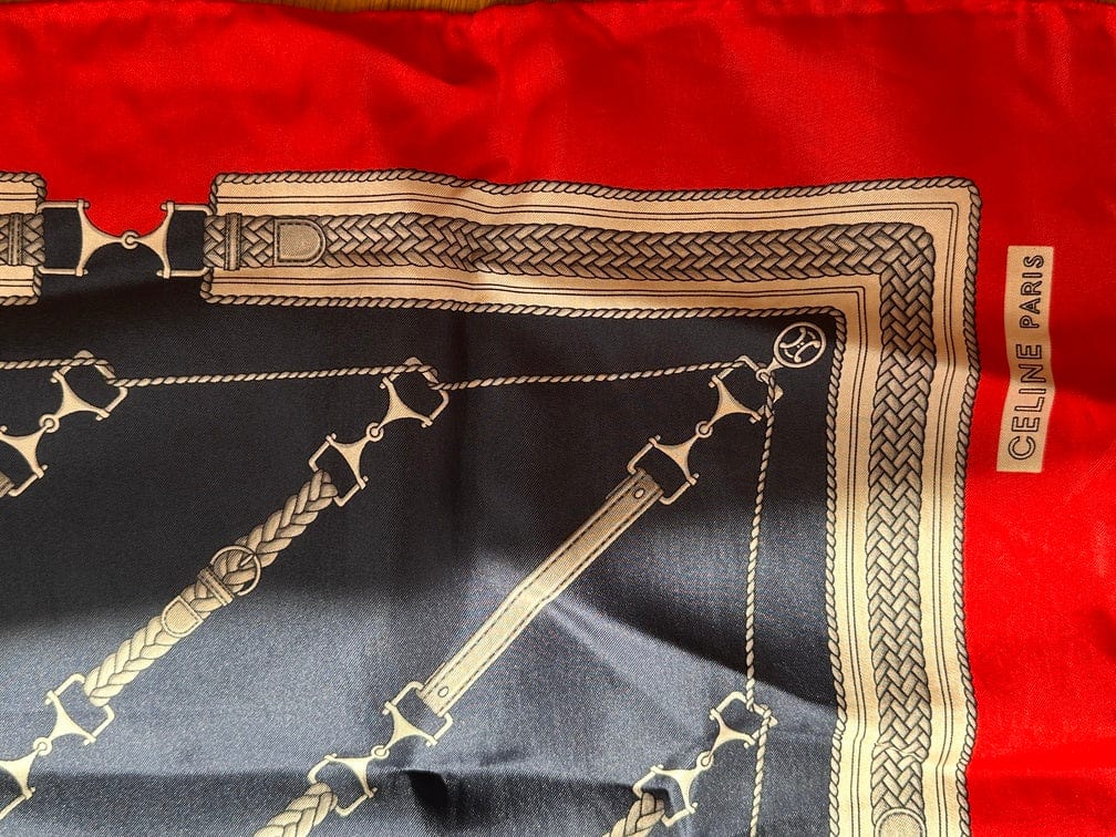 Vintage Celine Silk Scarf With Red, Navy & Cream Equestrian Chain Print