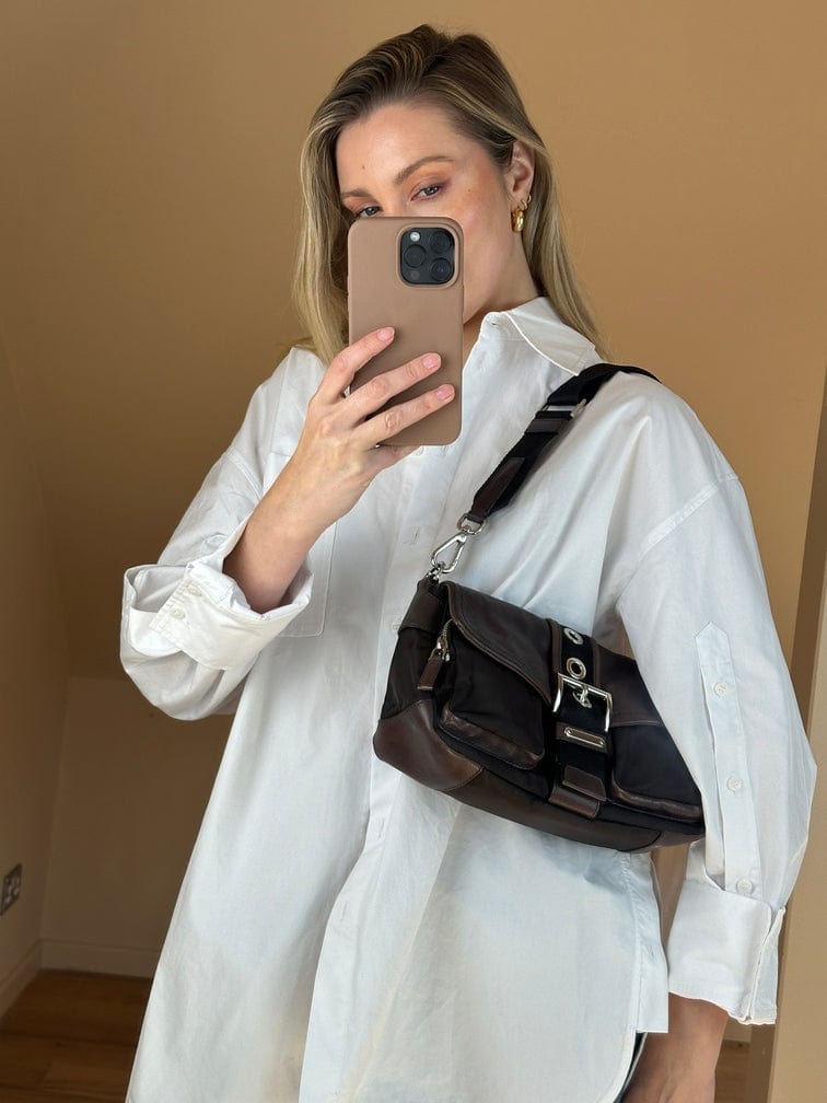 Vintage Prada Brown Leather Bag with Webbing Strap