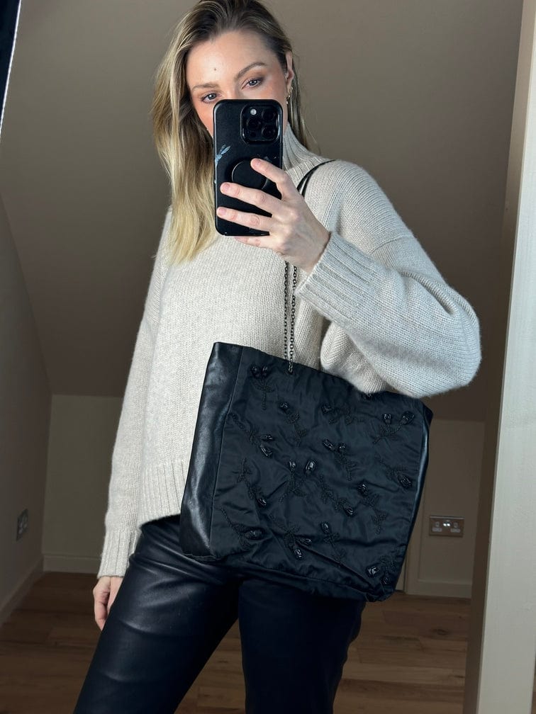 Vintage Prada Leather and Nylon Tote with Embroidered Flowers