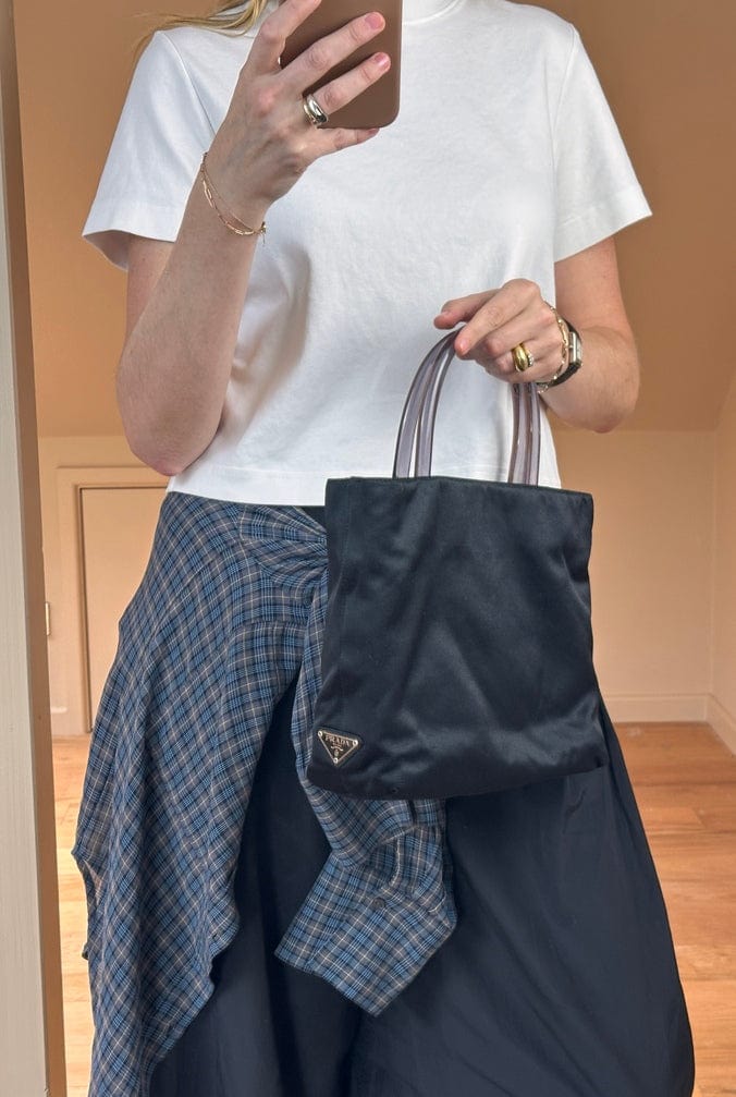 A vintage early 2000s Prada Black Satin Shoulder Bag with Perspex Handle