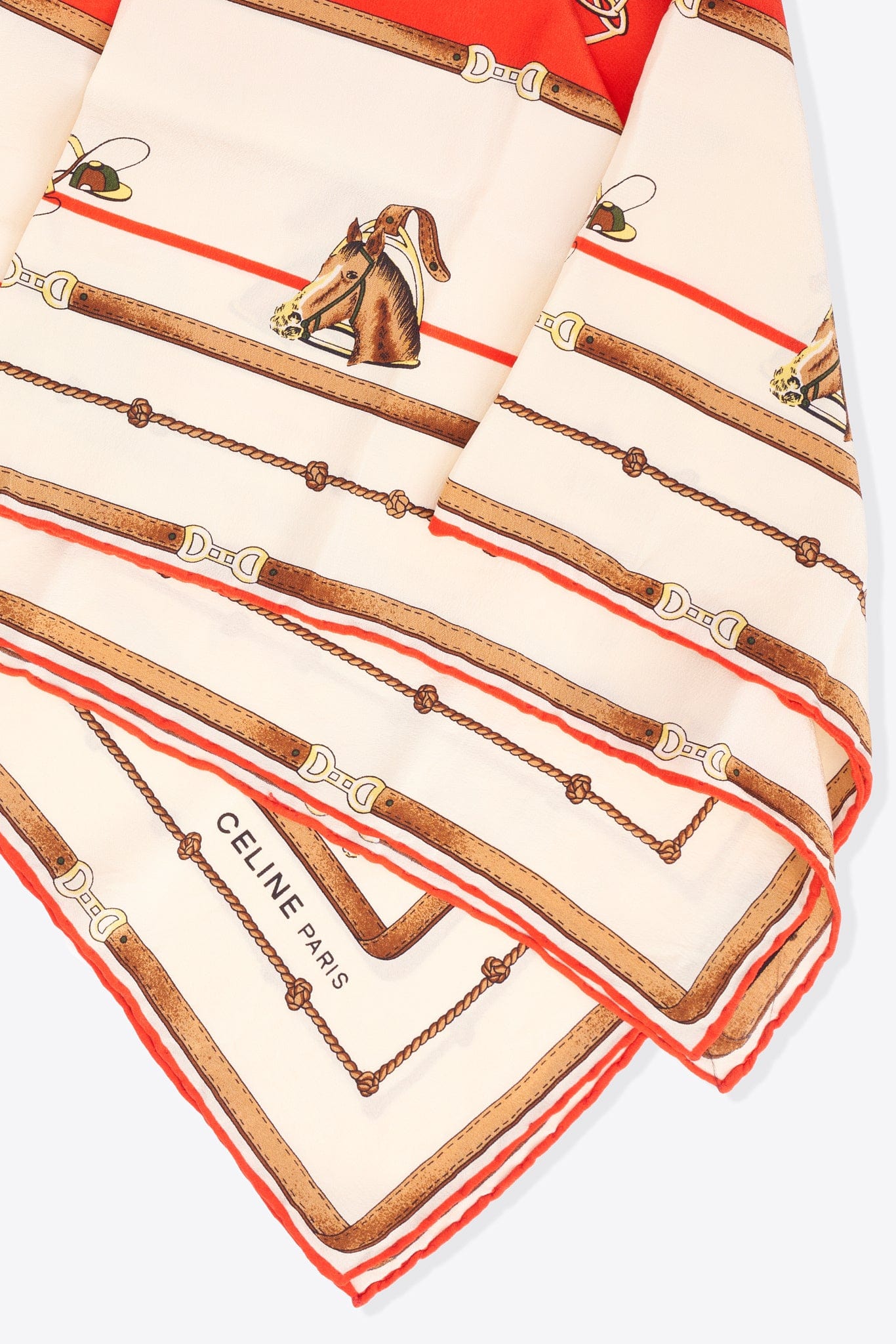 Vintage Celine Silk Scarf Equestrian Print in Cream, Tan & Red