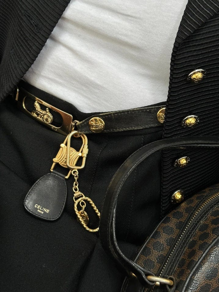 Vintage Celine Triomphe Gold Keyring With Black Leather Tab