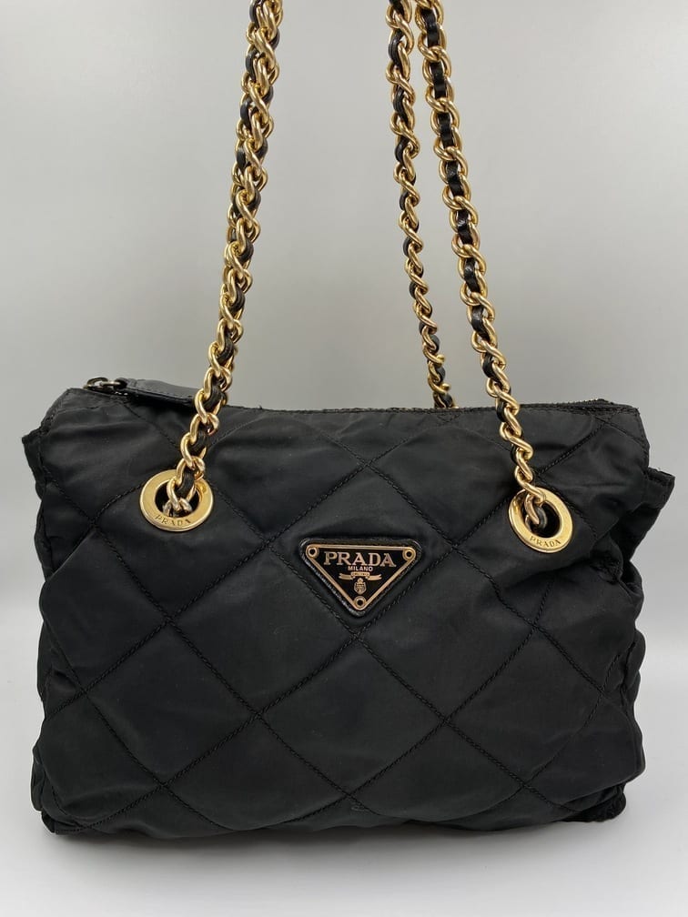 Vintage Black Prada Nylon Bag with gold chain straps at 1stDibs