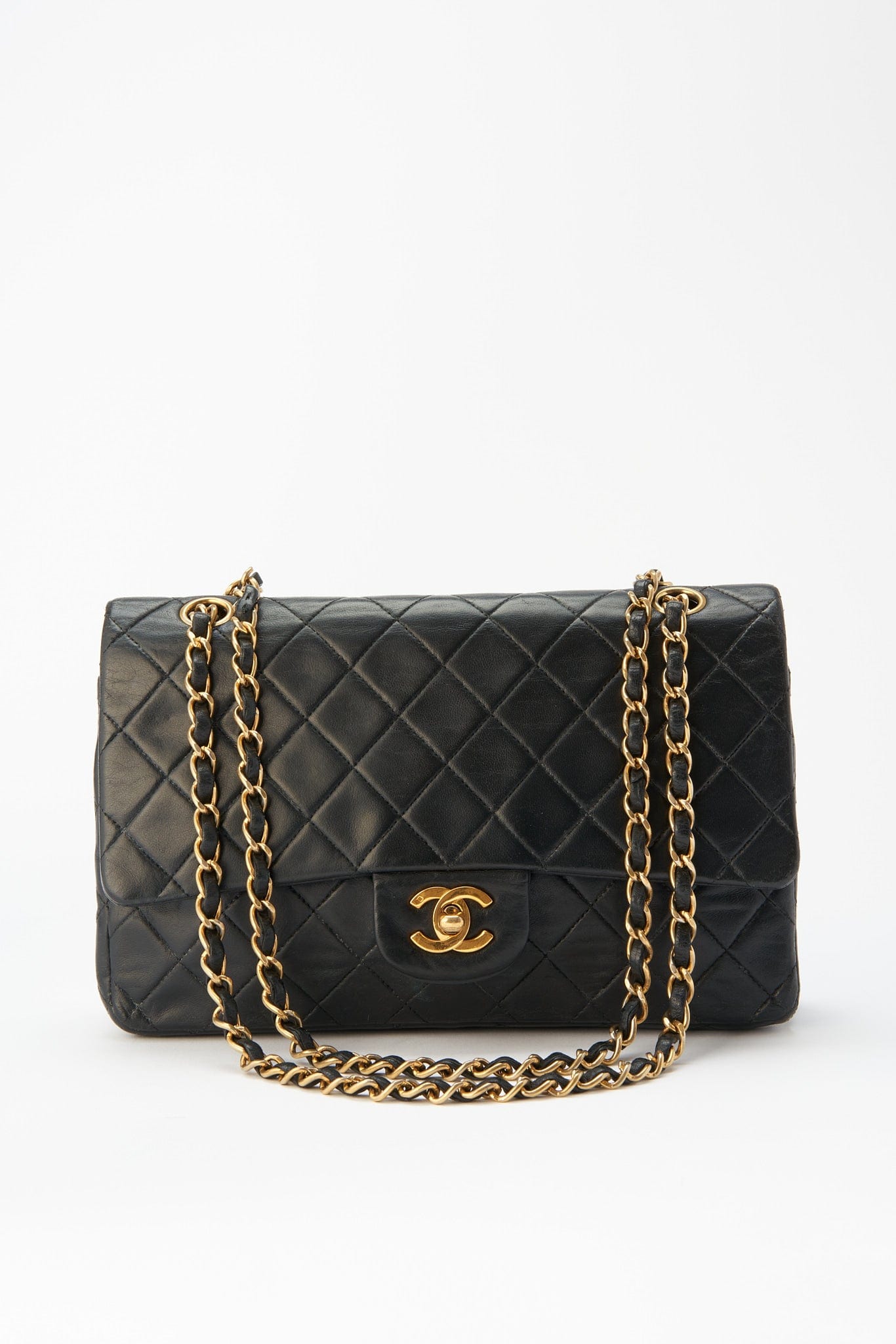 Vintage CHANEL Black Lambskin Leather 24K Gold Plated Crossbody Shoulder Bag