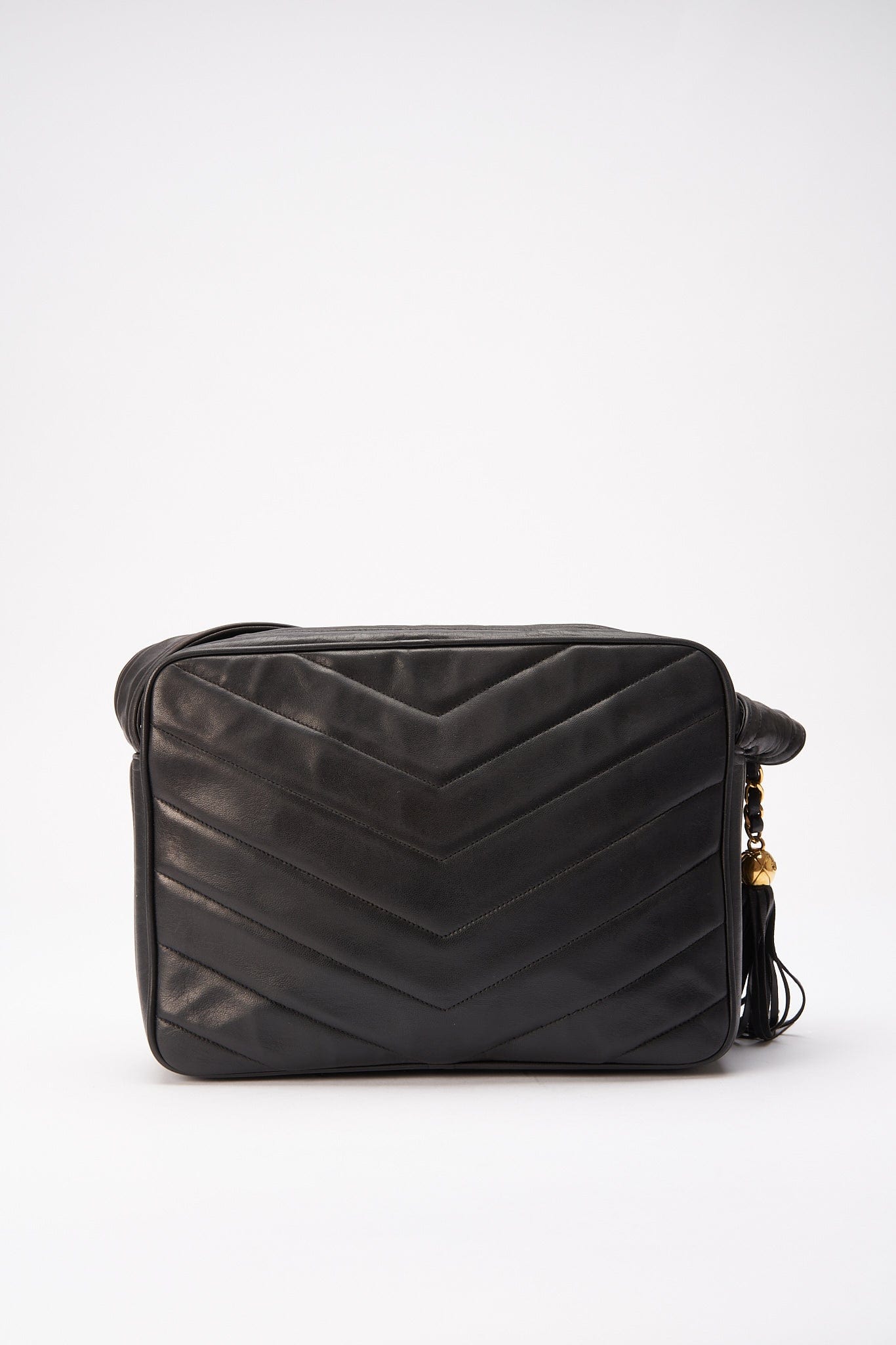 Chanel Quilted Chevron All Black Camera Crossbody Bag