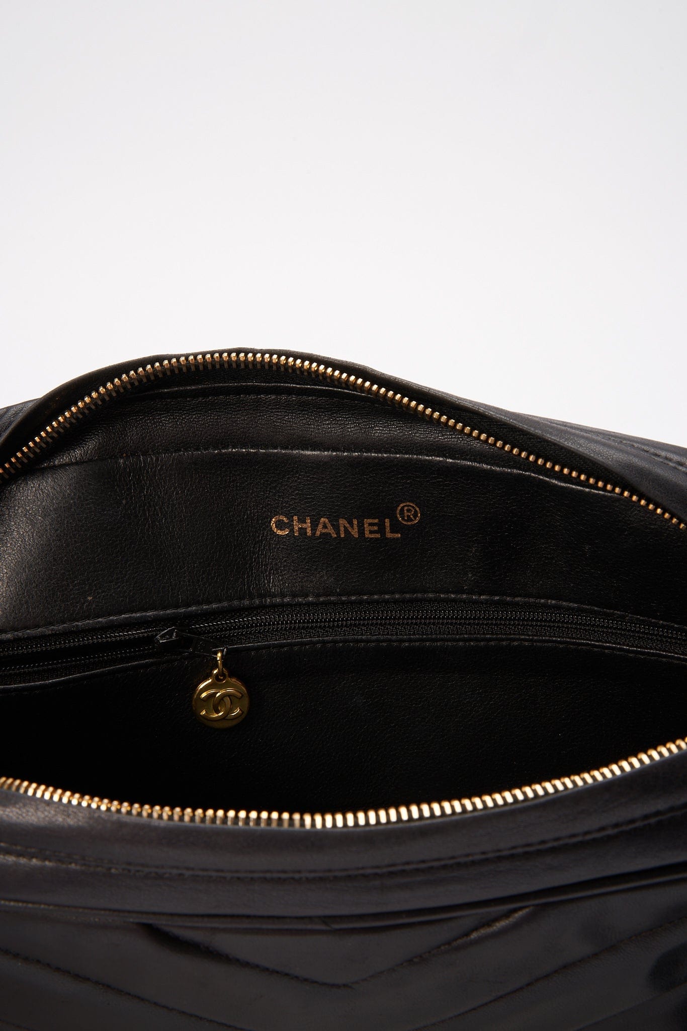 Chanel Quilted Chevron All Black Camera Crossbody Bag