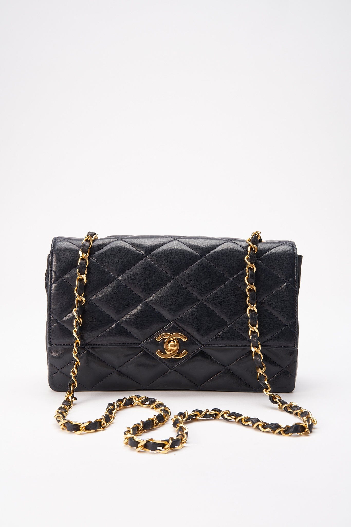 Chanel Vintage Square Classic Mini Single Flap Quilted Black Lambskin 24k  Plated
