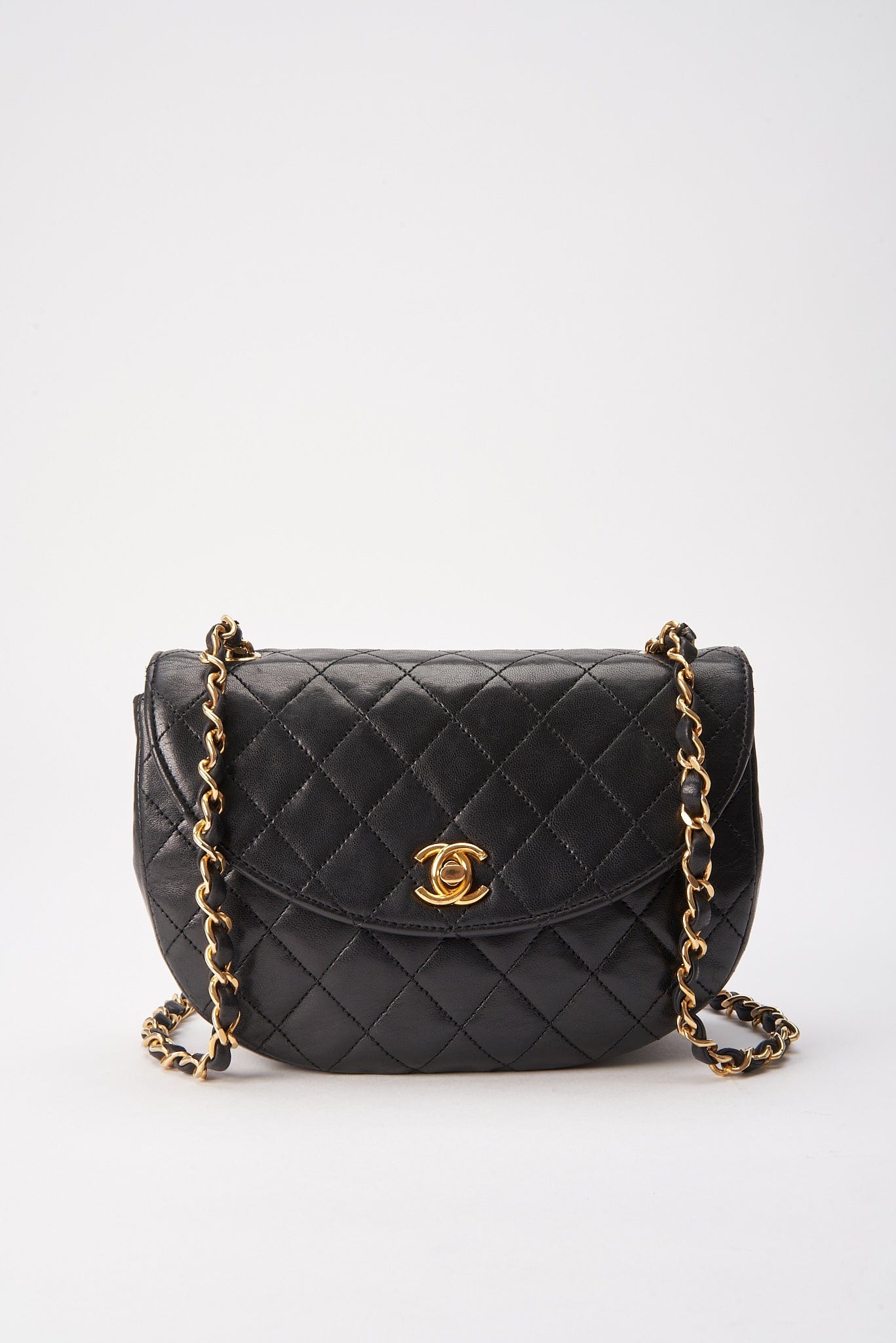 Vintage Chanel Black Half Moon Single Flap with 24k gold plated hardware