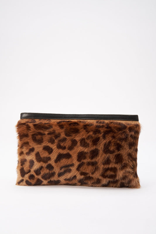 Vintage Loewe Leopard Calf Hair Clutch Bag With Anagram Zip Puller