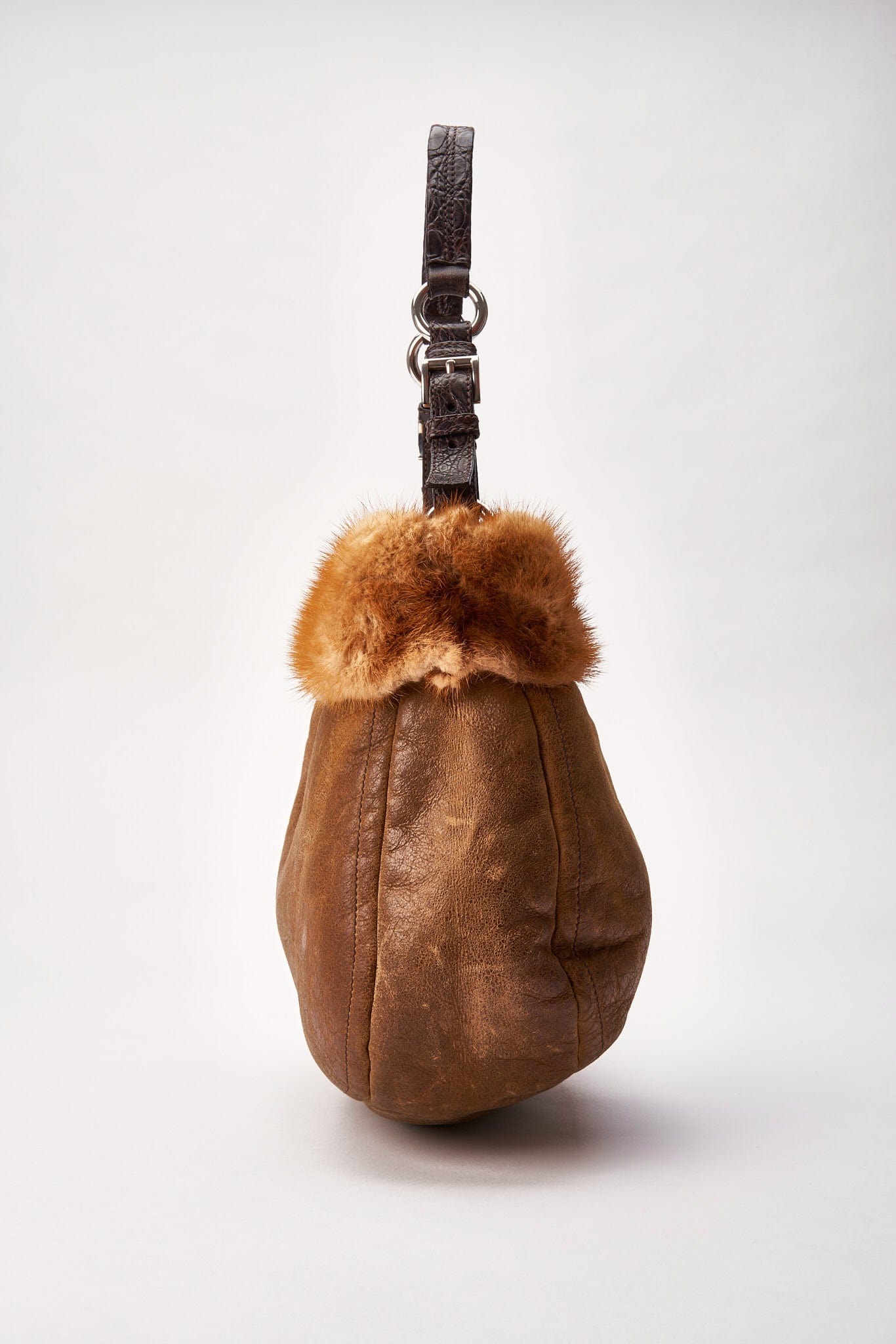 Vintage Prada Brown Leather Shoulder Bag with Fur Trim