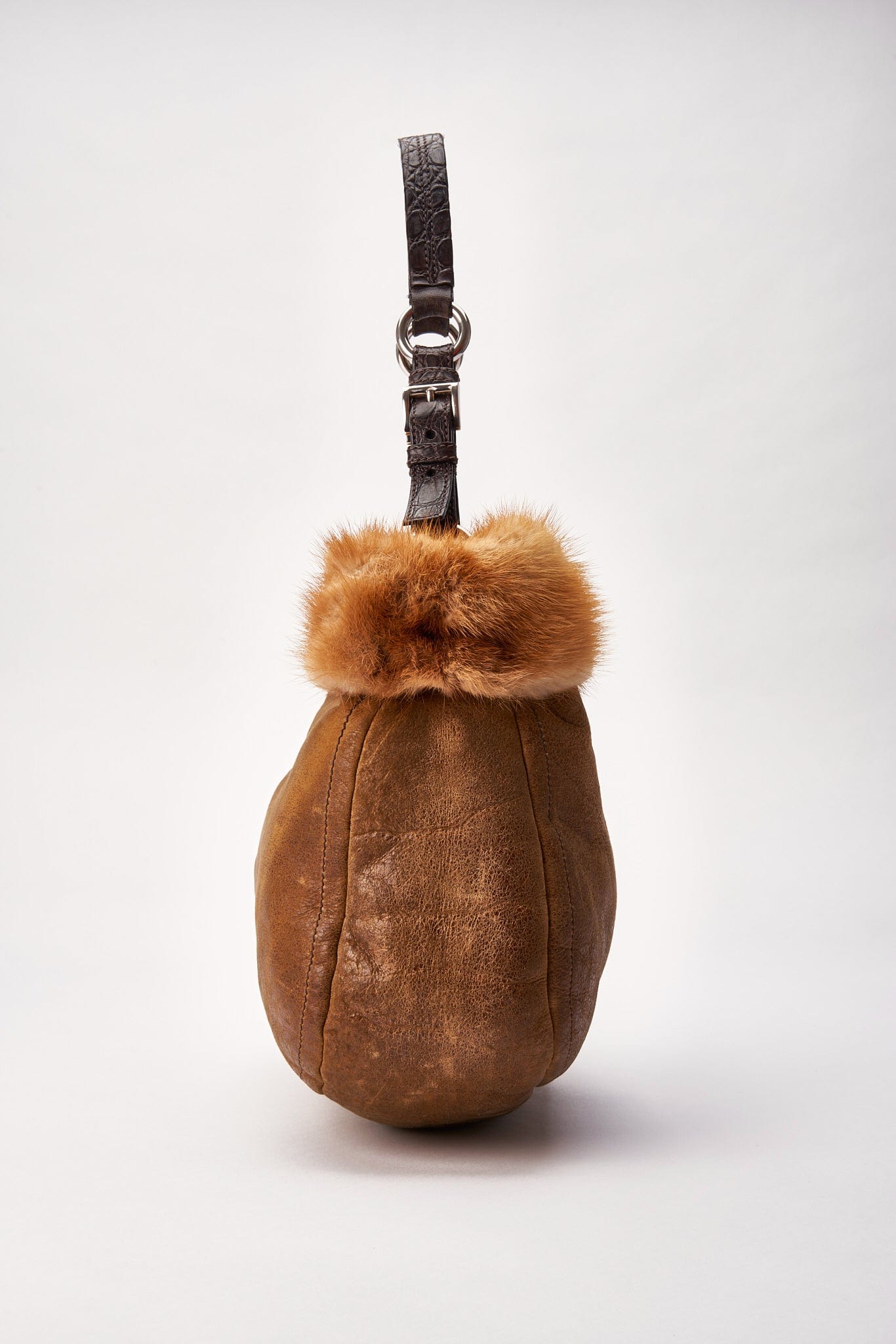 Vintage Prada Brown Leather Shoulder Bag with Fur Trim – The Hosta