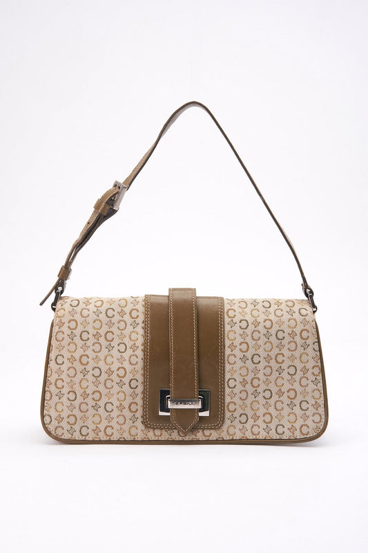 Vintage Celine Green Triomphe Canvas and Leather Shoulder Bag