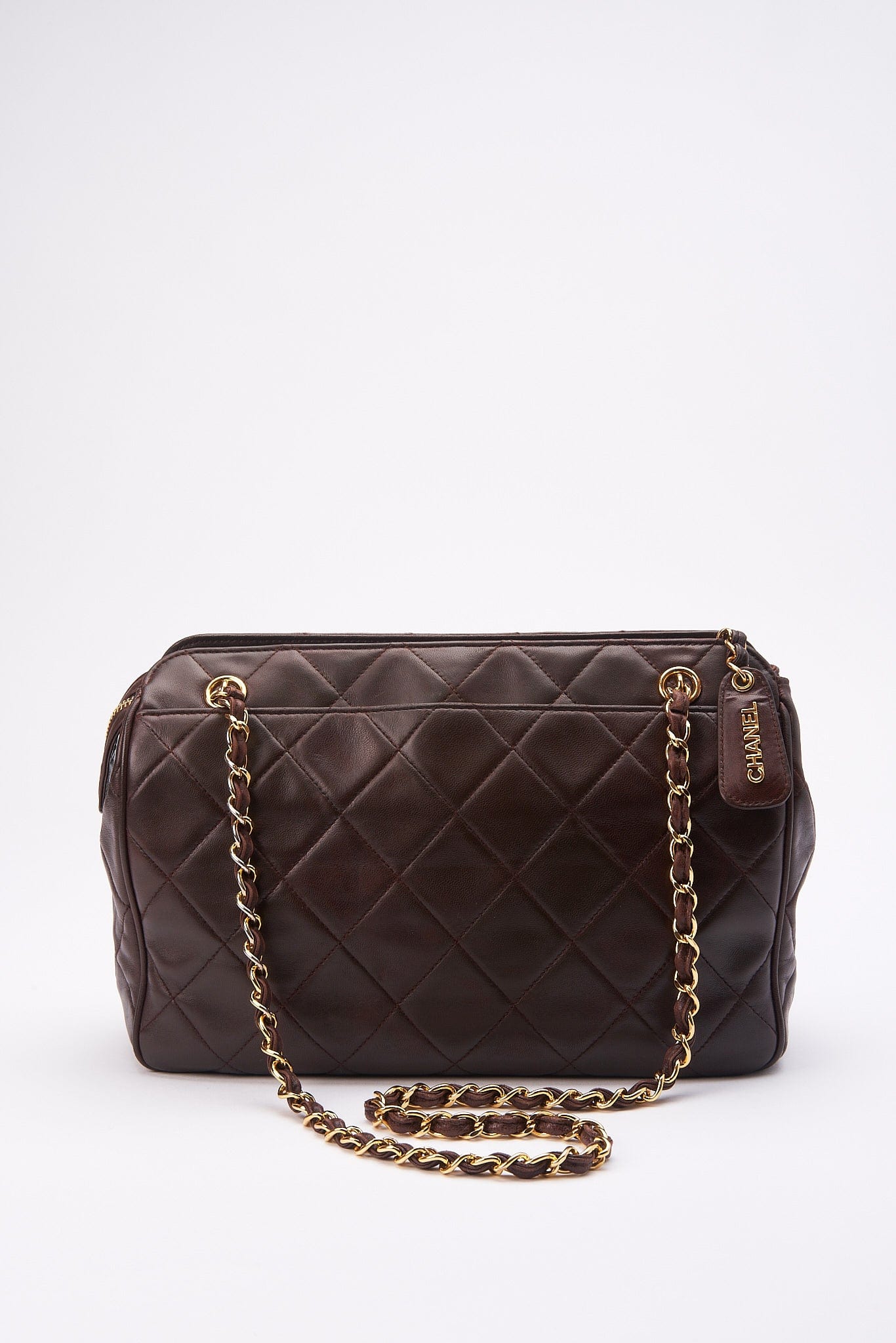 Vintage Chanel Brown Leather Shoulder Bag with Double Chain Handle