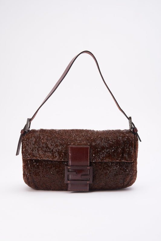Fendi Brown Sequin Beaded Baguette Bag