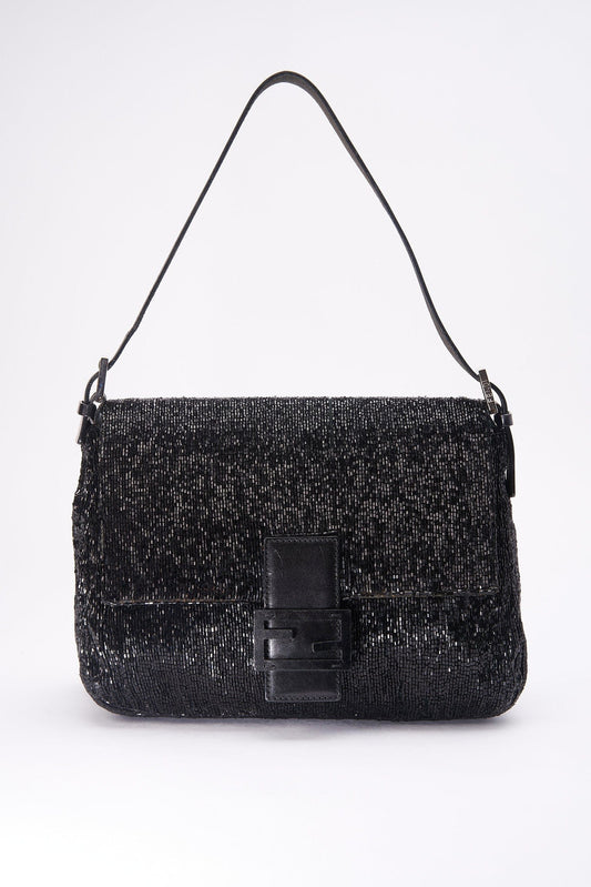 Fendi Black Sequin Beaded Mamma Baguette Bag
