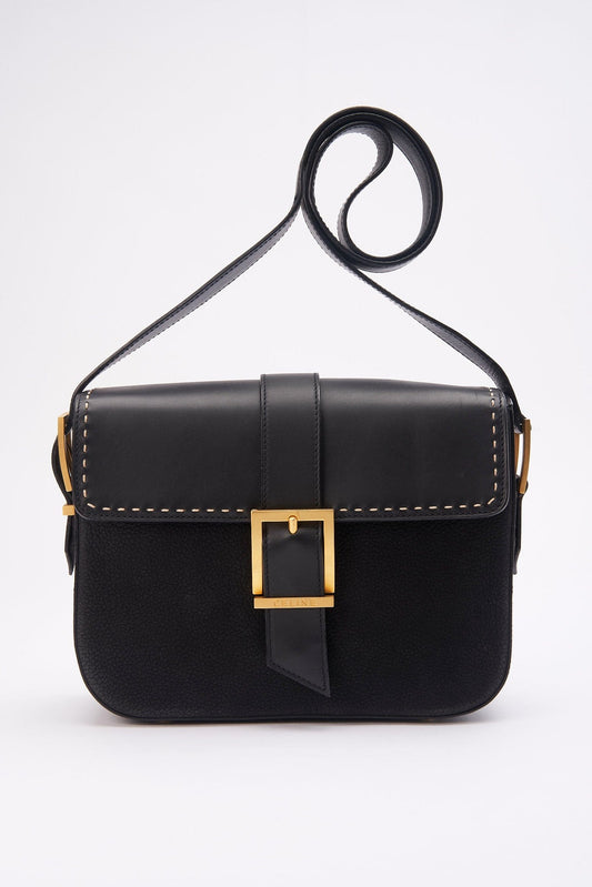 Vintage Celine Black Leather and Nubuck Crossbody Bag