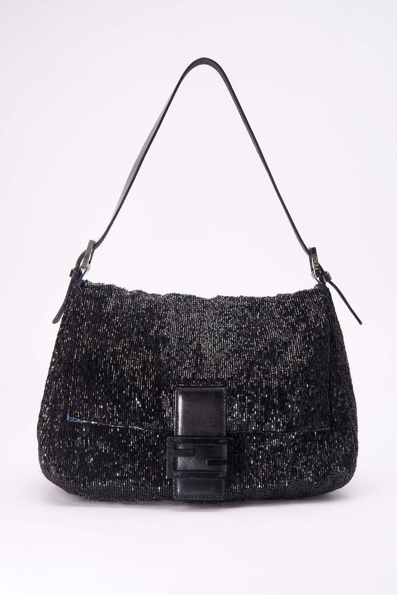 Fendi Black Sequin Beaded Mamma Baguette Bag Blue lining