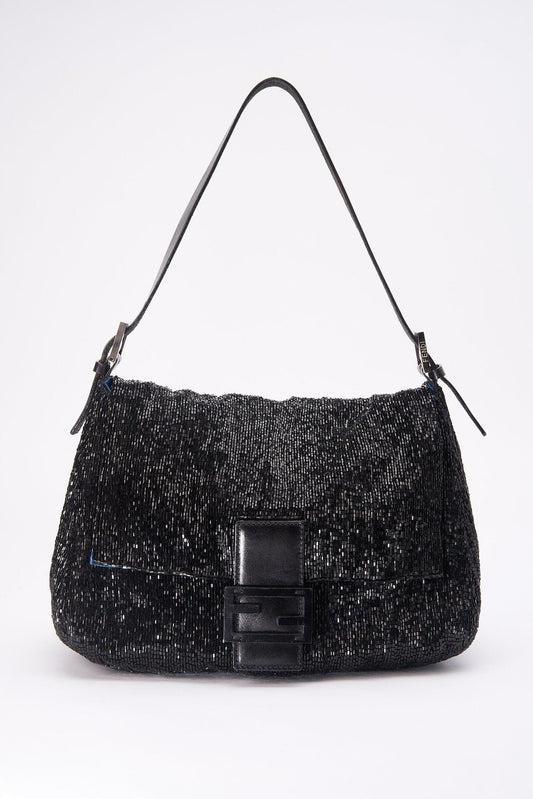 Fendi Black Sequin Beaded Mamma Baguette Bag Blue lining