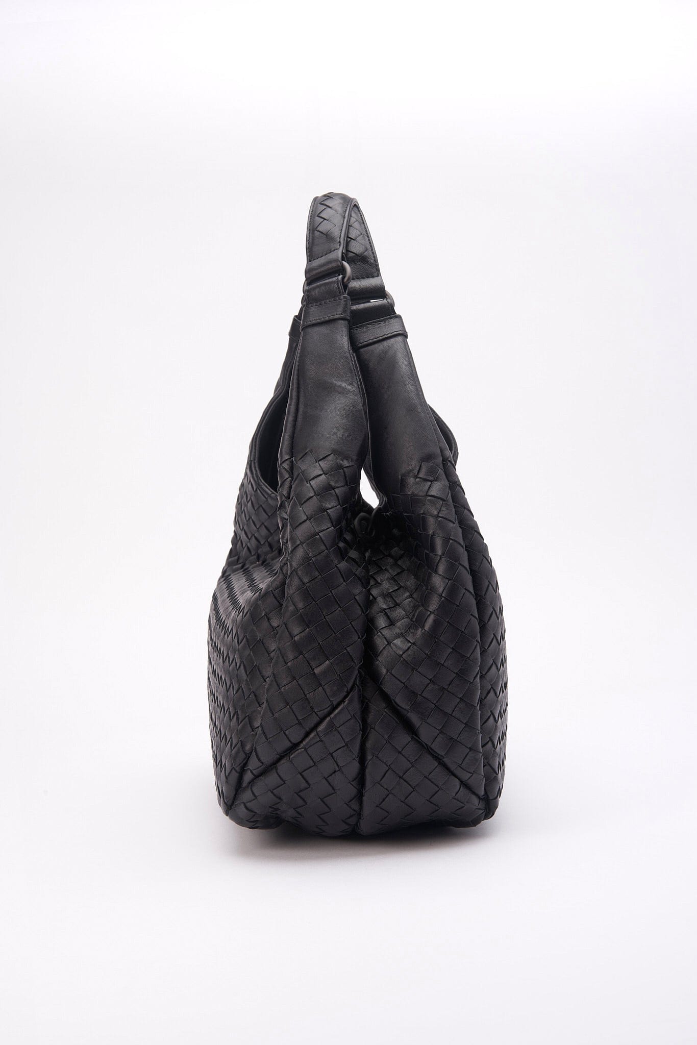 Vintage Bottega Veneta Black Intrecciato Leather Hobo Shoulder Bag