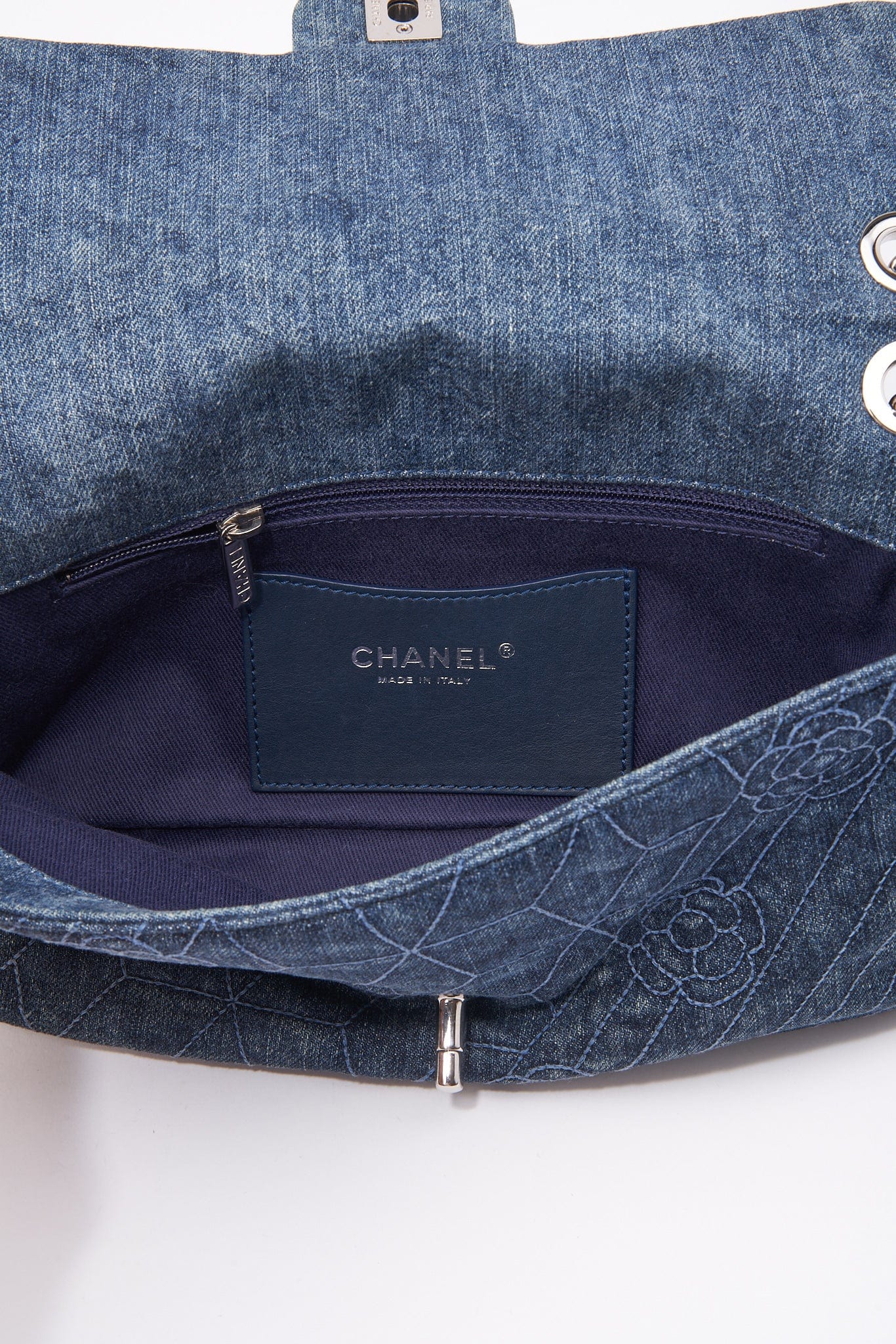 Chanel Blue Denim Camellia Embroidered CC Flap Bag